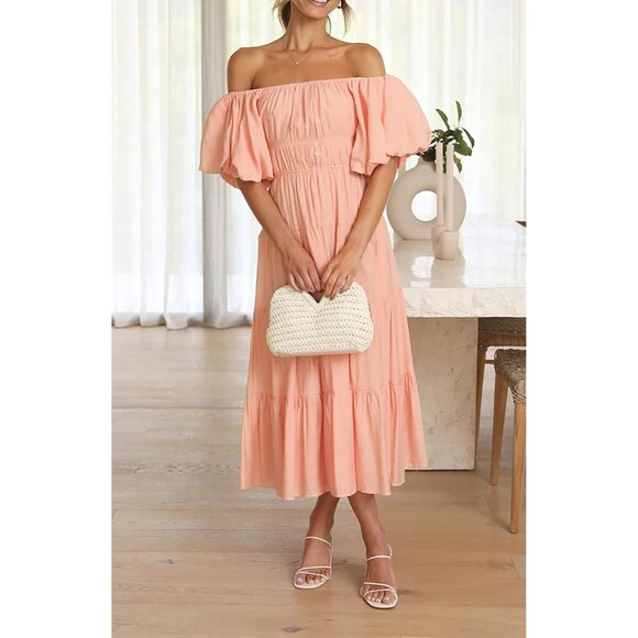 Women’s Off-Shoulder Summer Dress Puff Sleeve Empire Waist A-Line Flowing Midi - Picture 4 of 6